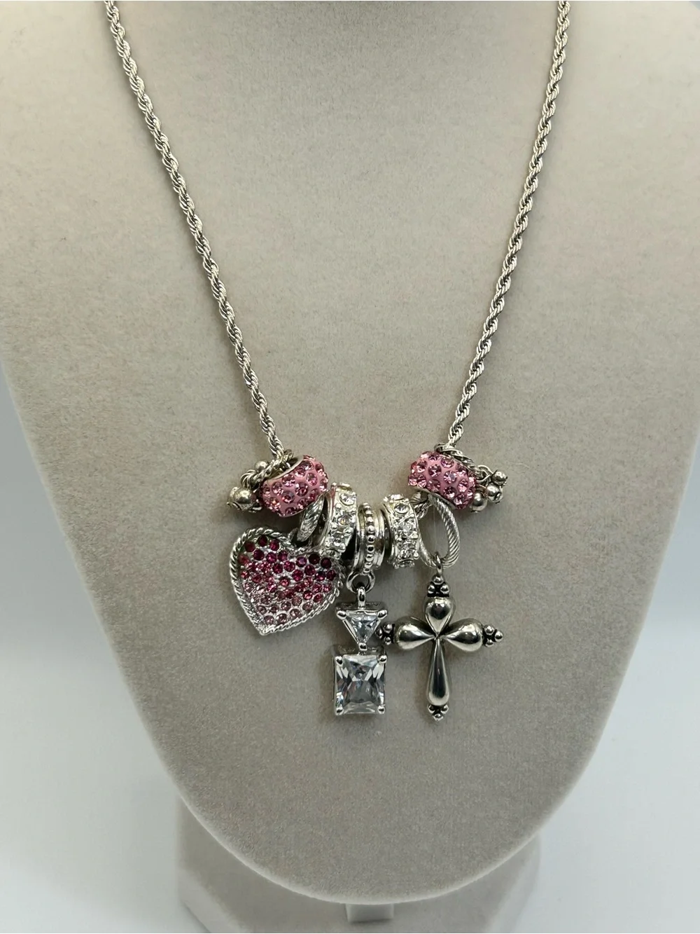 Sparkling Pink Crystals Charm Necklace Silver-tone Cross 30